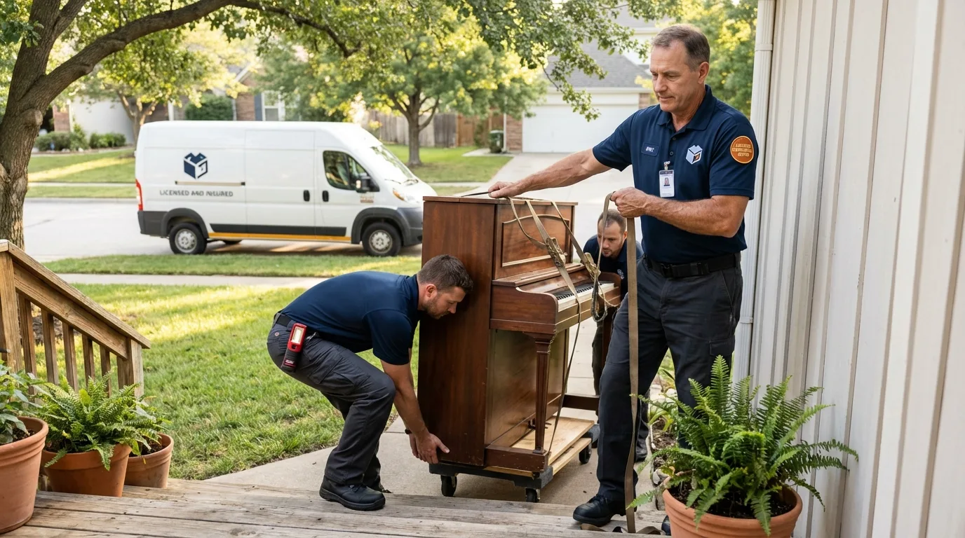 Licensed piano movers securing grand piano in Carthage, TN
