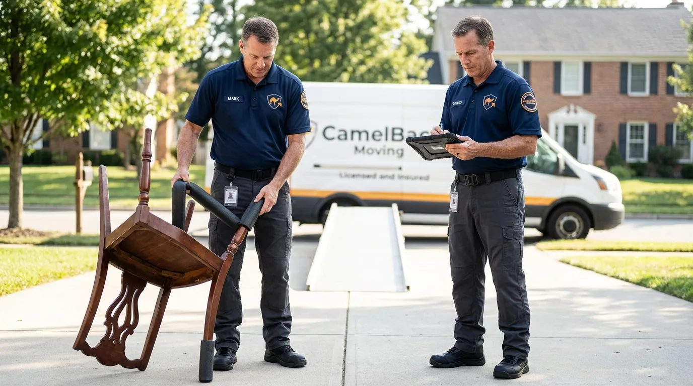 Movers inspecting furniture for damage prevention before loading in Carthage, TN