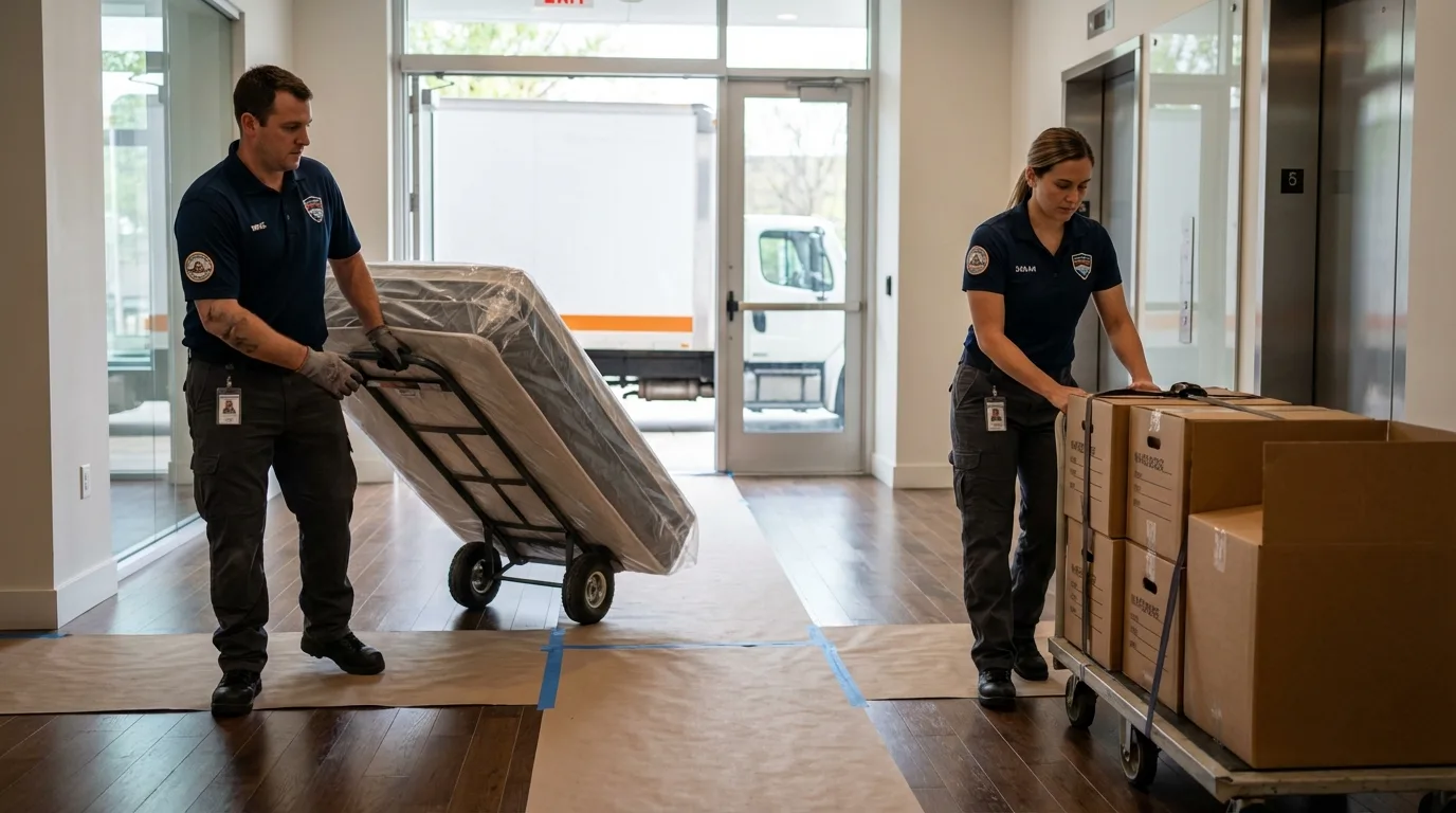 Professional apartment movers loading elevator in Carthage, TN