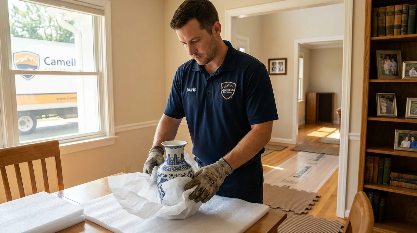 Professional crew carefully wrapping antique vase for senior downsizing move in Carthage, TN